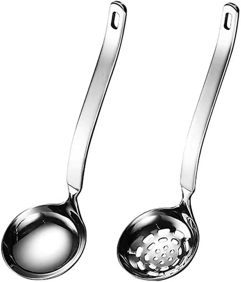 Soup Ladle Metal SUS304 Stainless Steel Ladles Spoon and Slotted Colander Spoon Set Small Soup Ladle with Holes Strainer Scoop Ladles for Serving Gravy Hot Pot or Restaurant,2 Piece Set image number 1