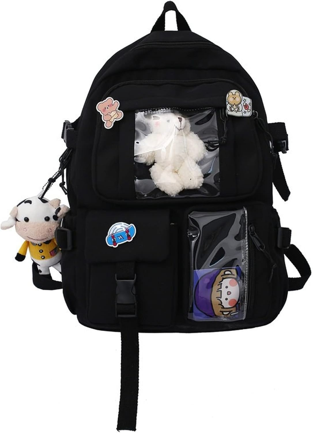 Kawaii Backpack Cute Aesthetic Anime with Pins Cow Bear Pendant School Supplies Bag Animal Cartoon Preppy Japanese