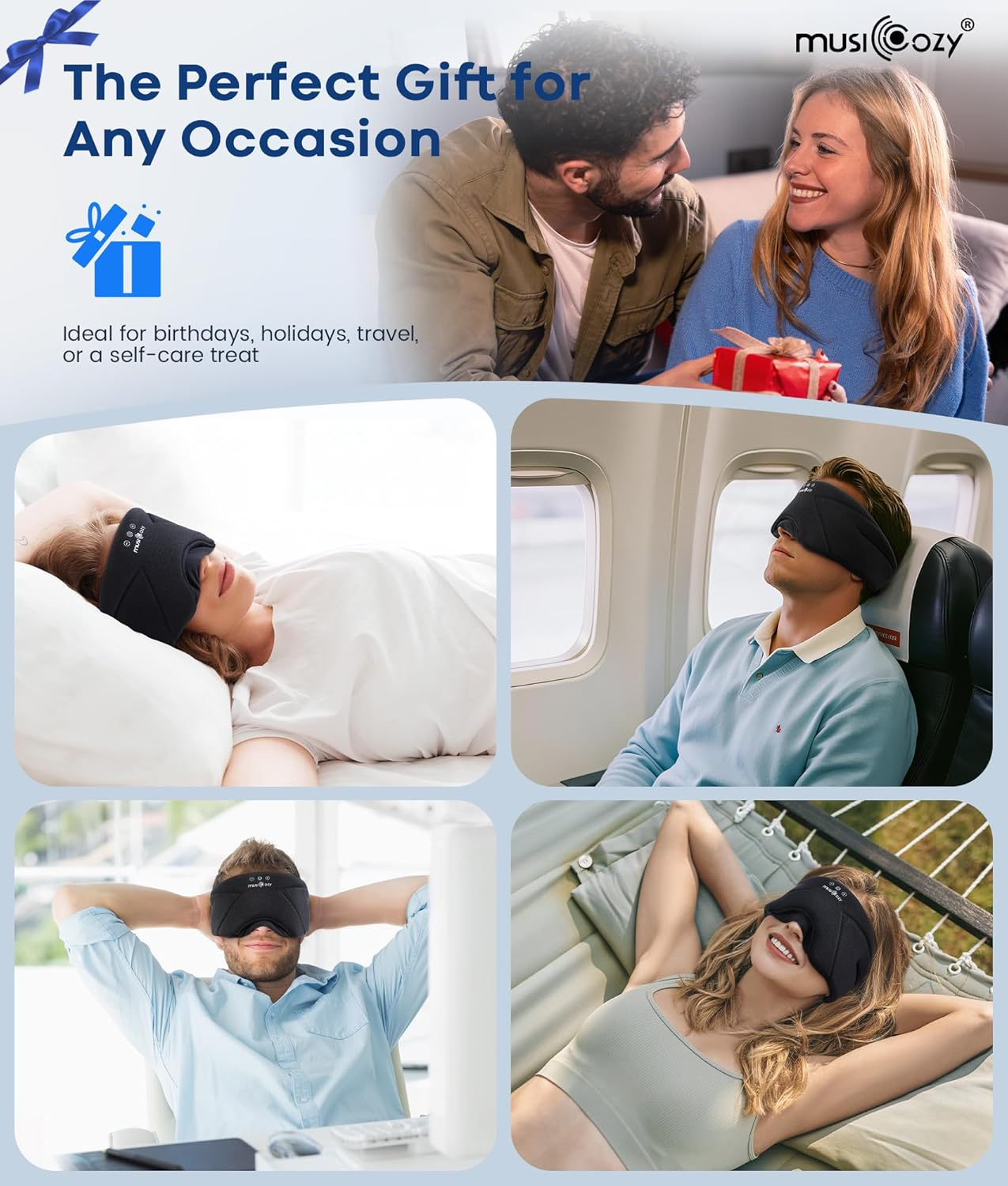 MUSICOZY Bluetooth Sleep Headphones 5.4, Wireless Over-Ear Headphones with Built-In HD Stereo Speakers, Cooling Eye Mask Design, 14H Playtime, Washable, for Side Sleepers, Travel & Relaxation image number 2