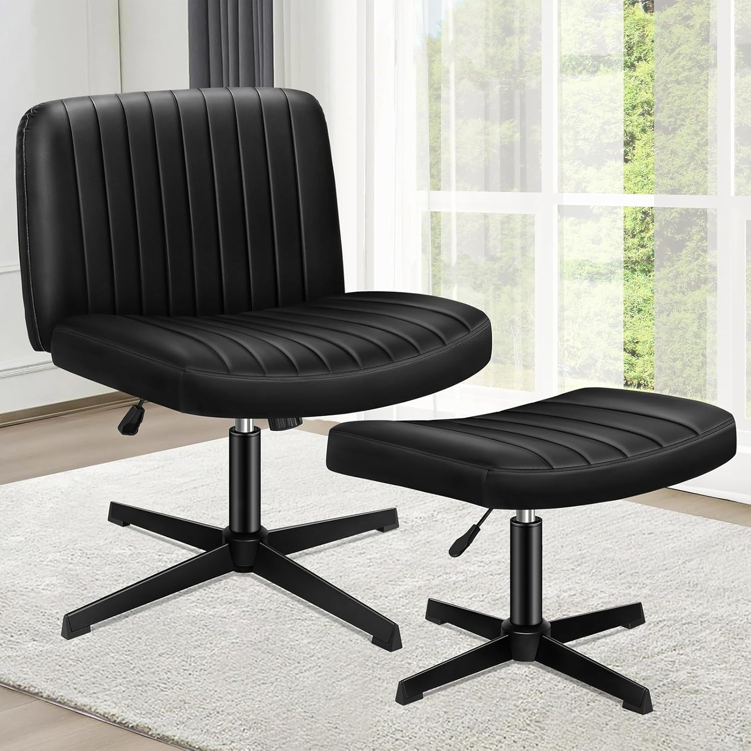 ALFORDSON Criss-Cross Desk Chair with Cross Leg Ottoman Stool, Xavi Series, PU Leather Upholstery, Ergonomic Armless Office Chair with Channel-Tufted Mid-Back Design, 180Kg Capacity, Black image number 4