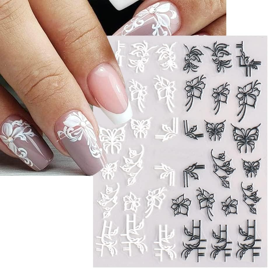 4 Sheets 3D Spring Nail Art Stickers, KXAMELIE Black and White Butterfly Flower Nail Stickers, Self-Adhesive Nail Polish Stickers, Simple Style for Acrylic Nails image number 3