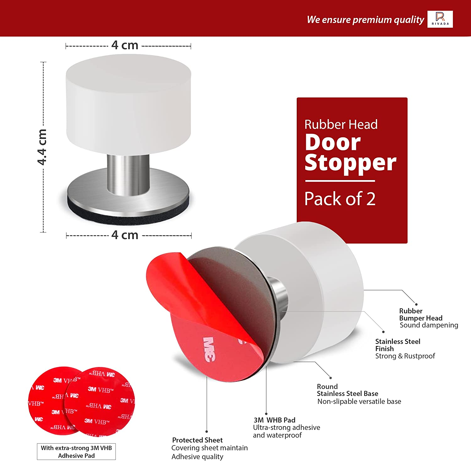 2-Pack Door Stops with Extra Stickers, Self-Adhesive Door Stopper with White Rubber & Stainless Steel Body - Heavy Duty Sound Dampening Door Bumpers for Home & Office Use