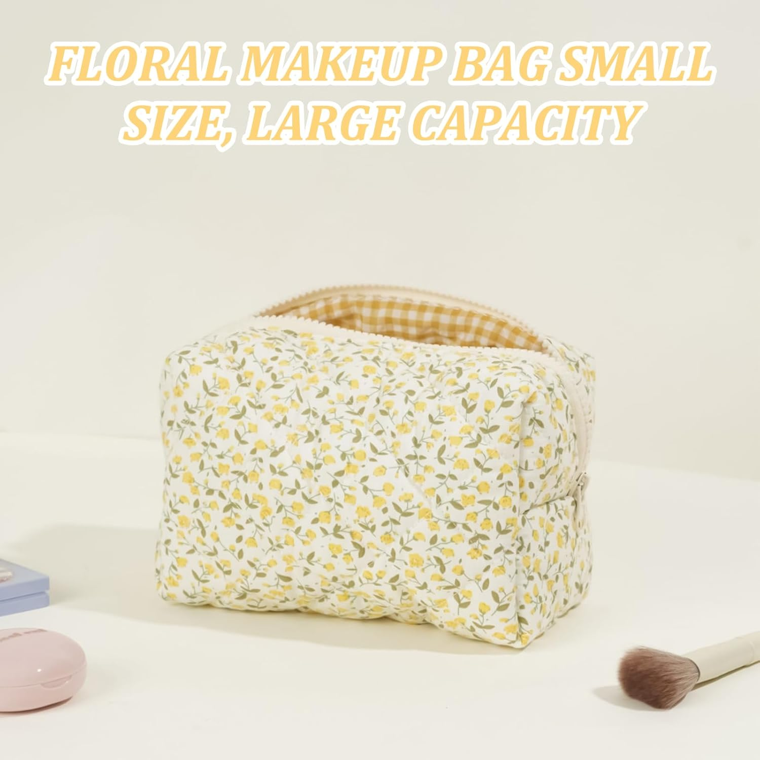 Pack of 2 Quilted Cosmetic Bags with Floral Pattern (Yellow) Made of Soft Cotton Material & Mesh Makeup Bag (Beige), Makeup Organiser for Women, Portable Toiletry Bag for Travel and Everyday Use image number 2