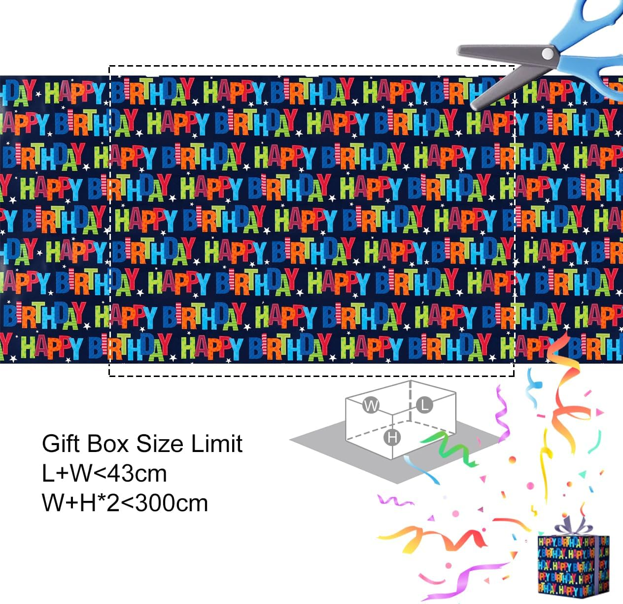 RINGSUN Birthday Wrapping Paper Roll, 43X300Cm Happy Birthday Gift Wrapping Paper, Premium Birthday Gift Wrapping Paper Roll - Ideal for Boys & Girls Presents image number 6