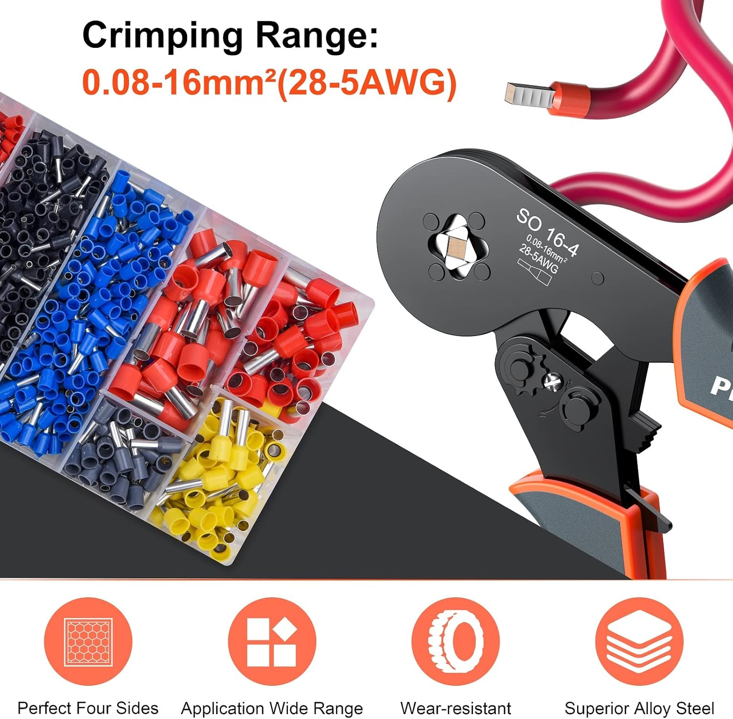 Bootlace Ferrule Crimping Tool, Preciva 0.08-16Mm&sup2;/Awg 28-5 Ferrule Crimper-Tool with 1200Pcs Ferrules, Self-Adjsutable Ratchet Wire Crimping-Tool,Wire Terminal Device Set image number 6