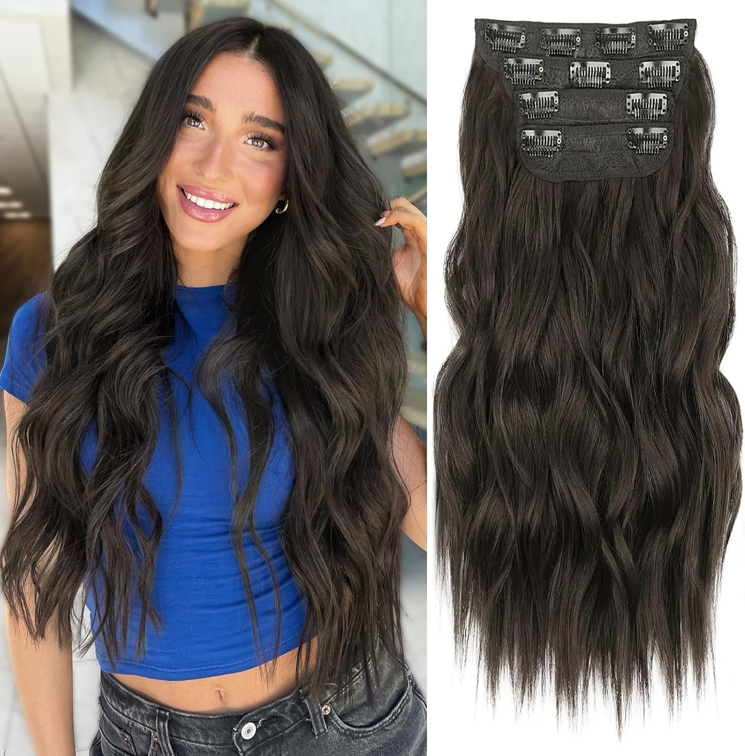 Clip in Hair Extensions, 24 Inches 4Pcs Long Wavy Soft Synthetic Curly Hair Extensions Clip Ins Weft Hairpieces for Women (Dark Brown)