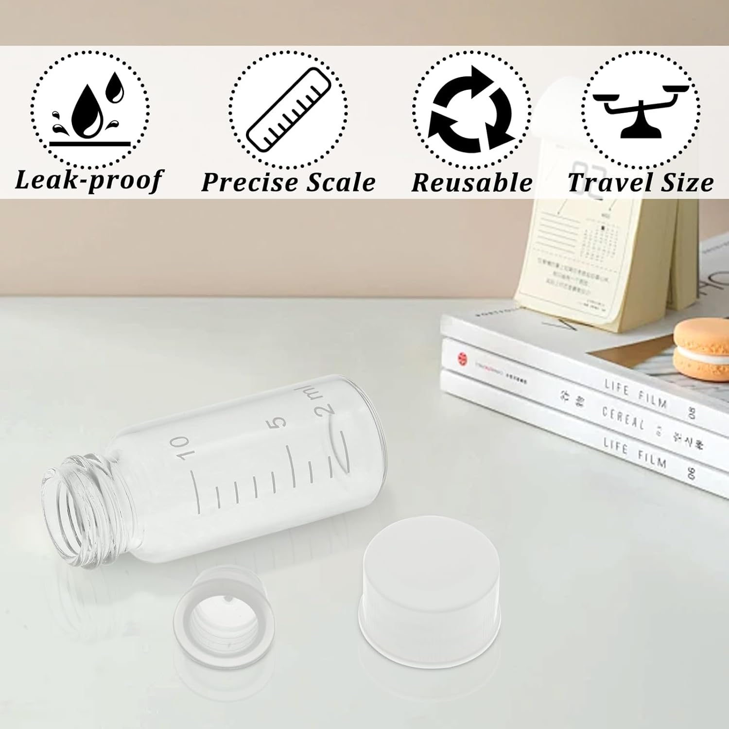 AIHSUMC 5 Pcs Liquid Medicine Travel Container, Scale Glass Liquid Medicine Bottles Travel Size Liquid Medicine Dispenser with Leak-Proof Plug Single Dose Medicine Bottles Containers (Clear, 10Ml)