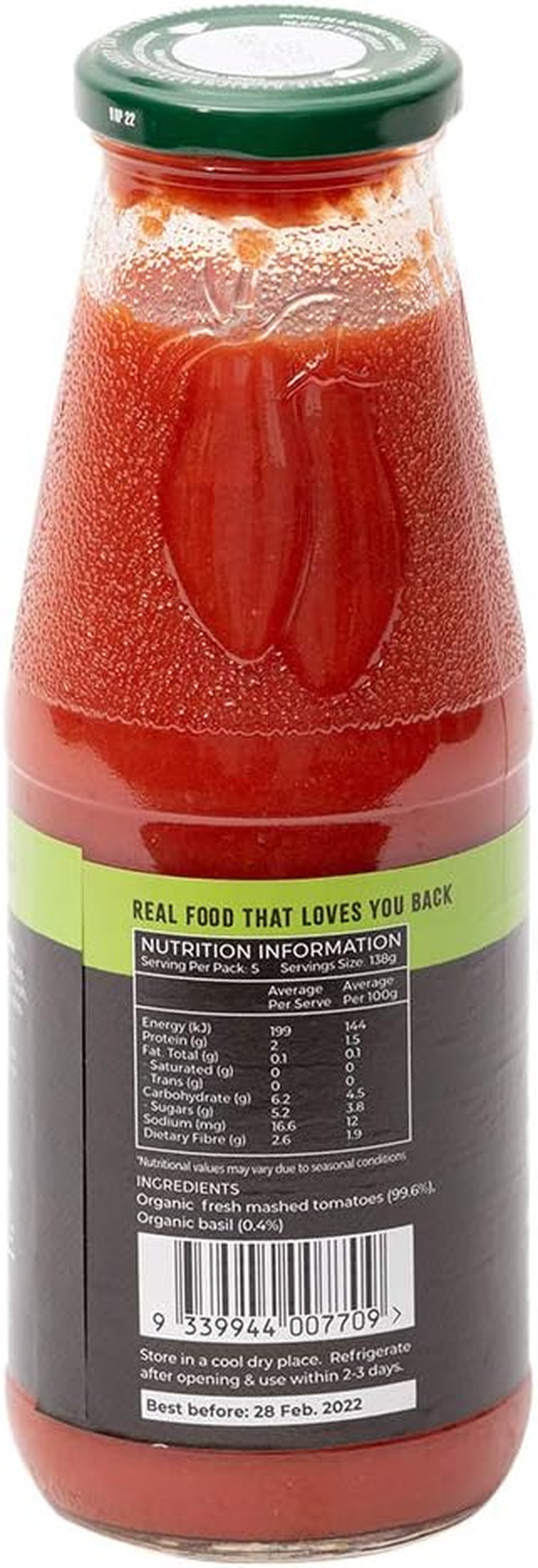 Honest to Goodness, Organic Tomato Puree with Basil, 690 Grams - Crafted from the Finest, Freshly Harvested, 100% Organic Ripe Italian Tomatoes with the Aromatic Touch of Organic Basil. image number 2