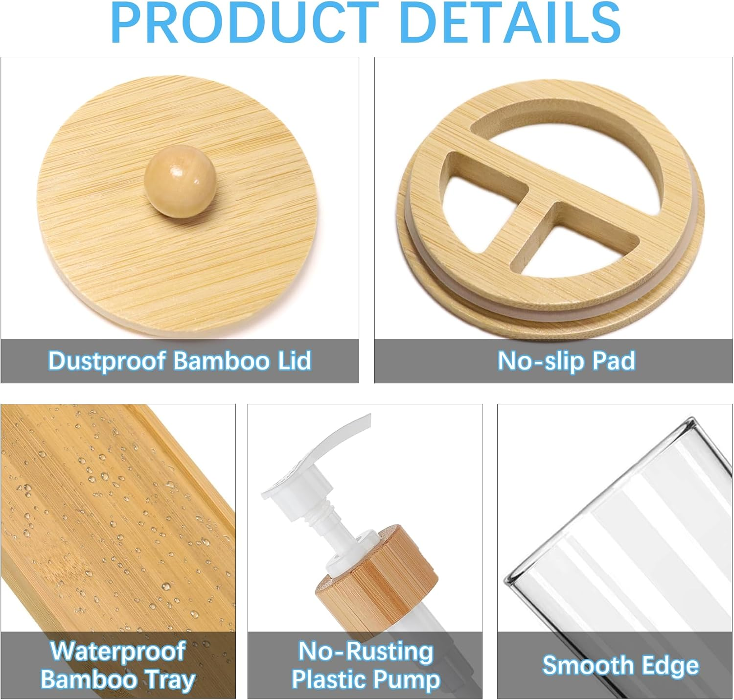 5 Pack Bamboo Bathroom Accessories Set with Tray - Plastic Soap Dispenser Clear Toothbrush Holder and 2 Qtip Holder Cotton Ball Container Jar image number 5