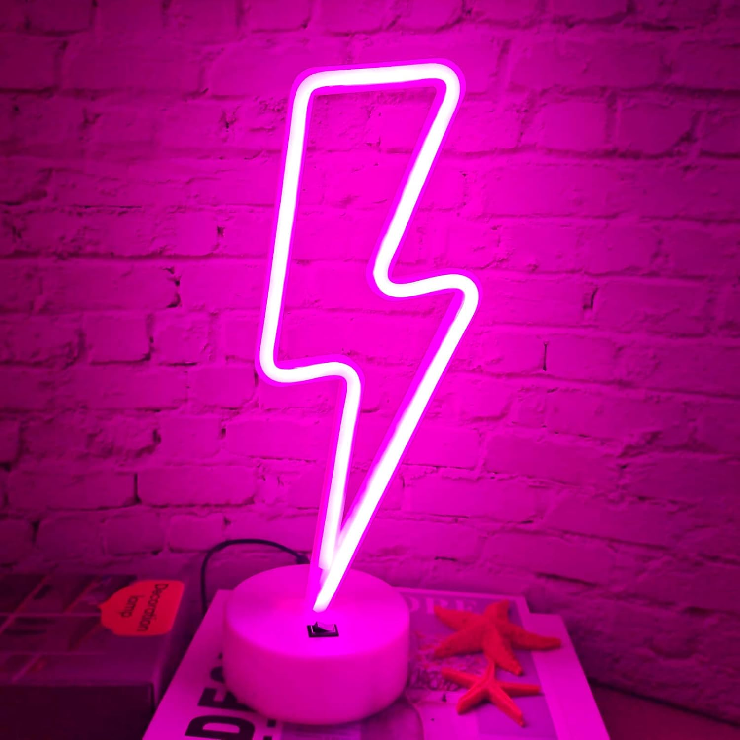 VIFULIN Pink Lightning Bolt Neon Signs Light, Pink Neon Sign Aesthetic Room Decor for Bedroom Aesthetic Battery/Usb Operated Lightning Bolt Light, Gift Idea Kawaii Room Decor LED Light with Base image number 3