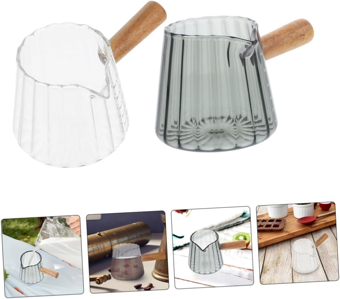 Sosoport 2Pcs Transparent Glass Espresso Shot Cup with Wooden Handle Small Milk Frothing Pitchers for Precise Coffee Measuring Portable Creamer Cups for Home Office and Travel