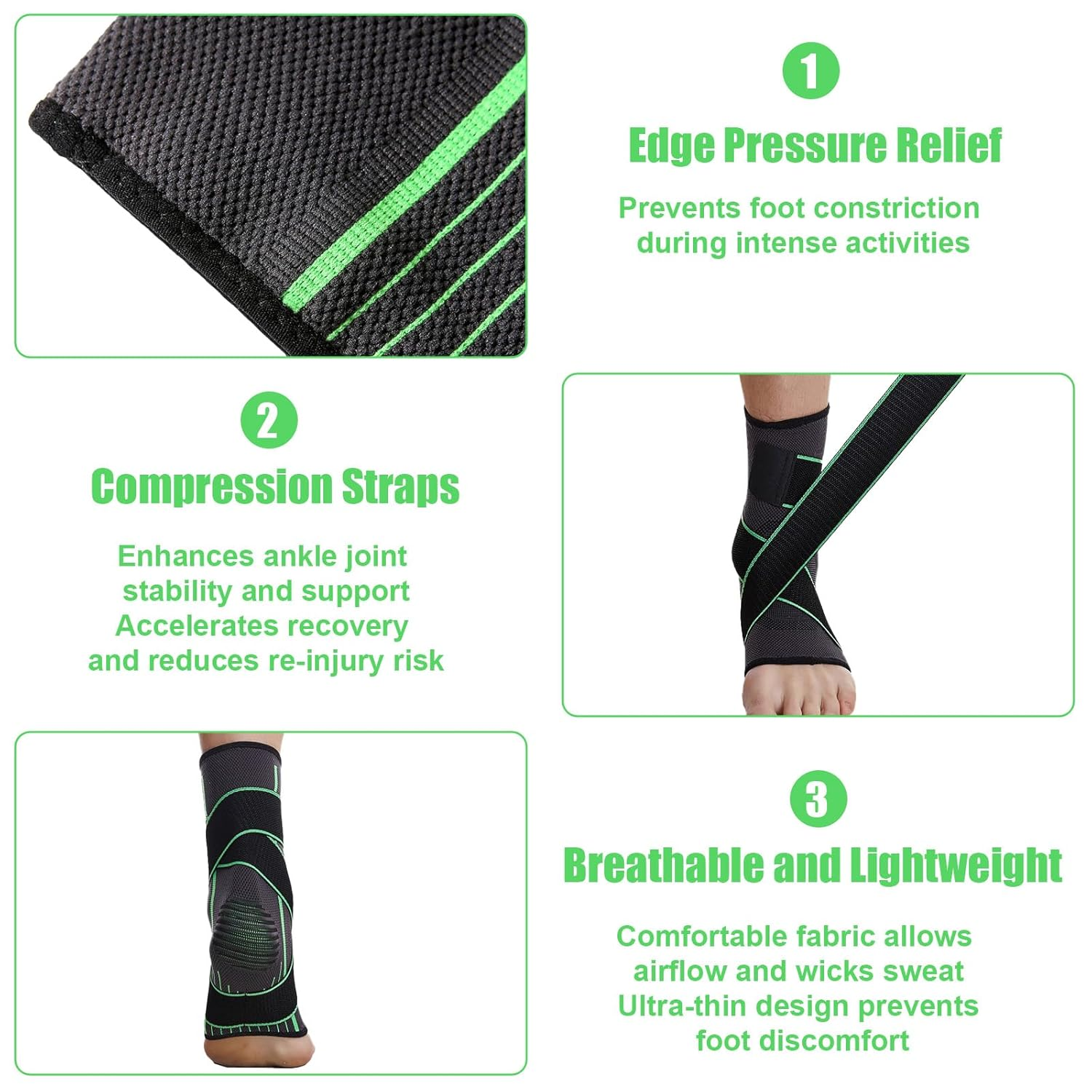 Adjustable Ankle Support Brace - Compression Sleeve for Sprains, Plantar Fasciitis, Achilles Tendonitis & Ligament Injuries, Breathable Foot Brace for Men & Women (2 Pcs L)