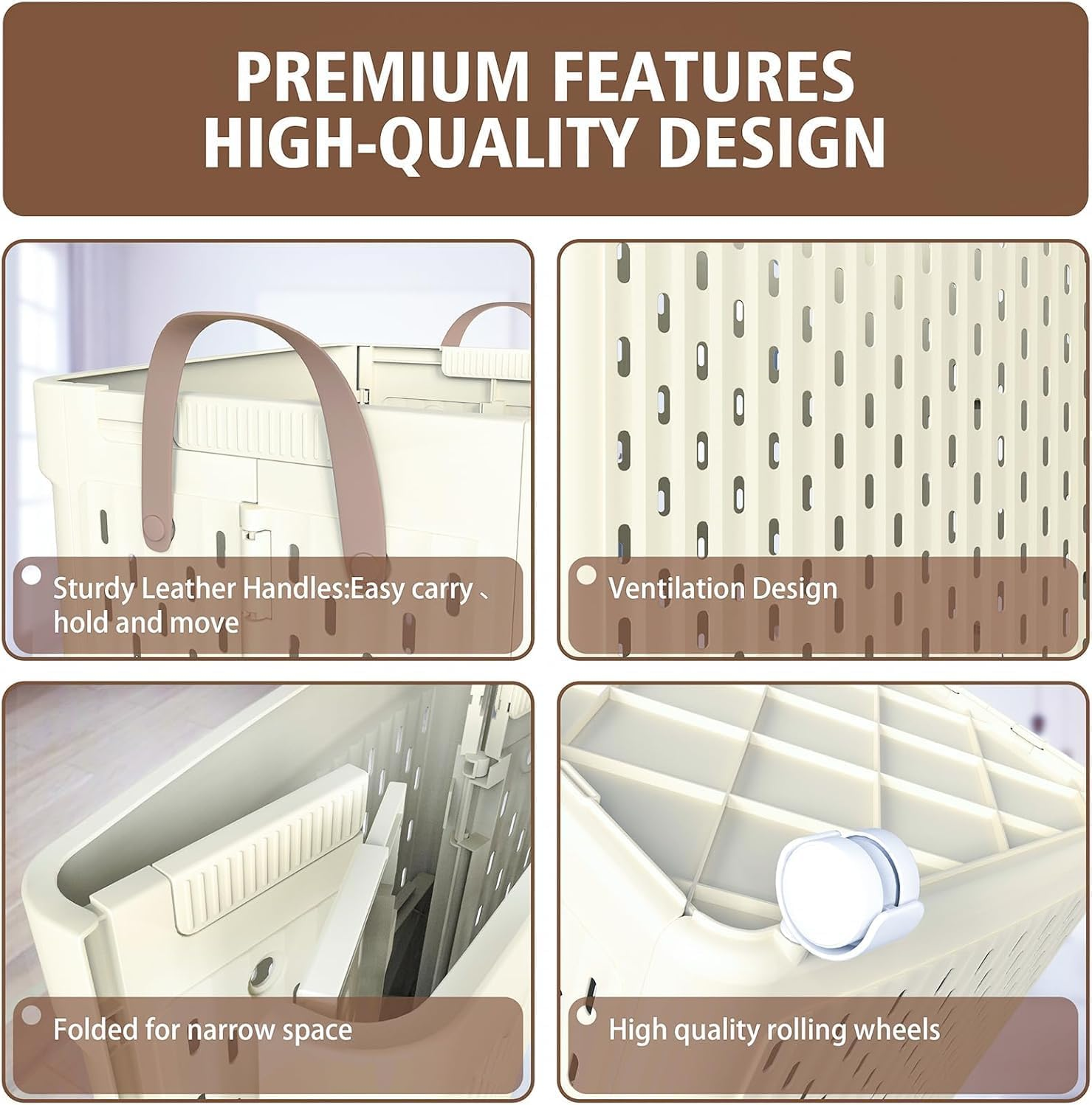 Roagoway Laundry Basket with Wheels, Collapsible Plastic Laundry Hamper with Handle, Foldable Laundry Basket Organizer for Laundry and Bathroom (Ivory, 40L) image number 3