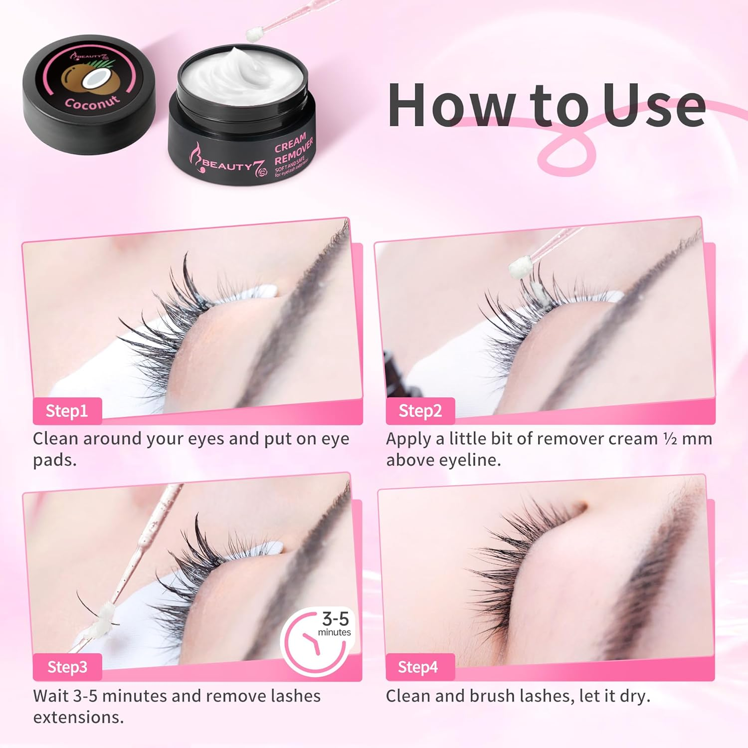 Beauty7 Eyelash Extension Glue Remover Cream, Eyelash Extension Removal Anti-Allergic and Odorless 5G Coconut Scent Eyelash Glue Remover image number 4