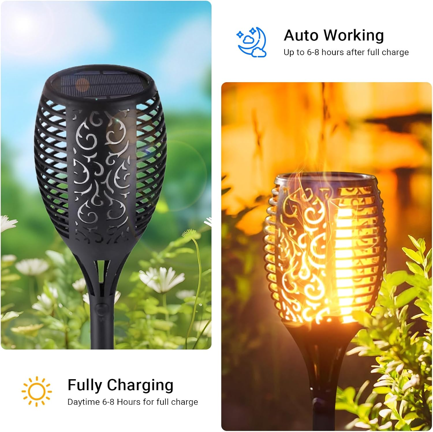 Xmart 96 LED Solar Lights Outdoor Upgraded 4 Pack, Super Larger Size, IP65 Waterproof Solar Torch Light with Flickering Flame, Solar Tiki Torches Decoration Lights, for Path Yard Garden image number 1