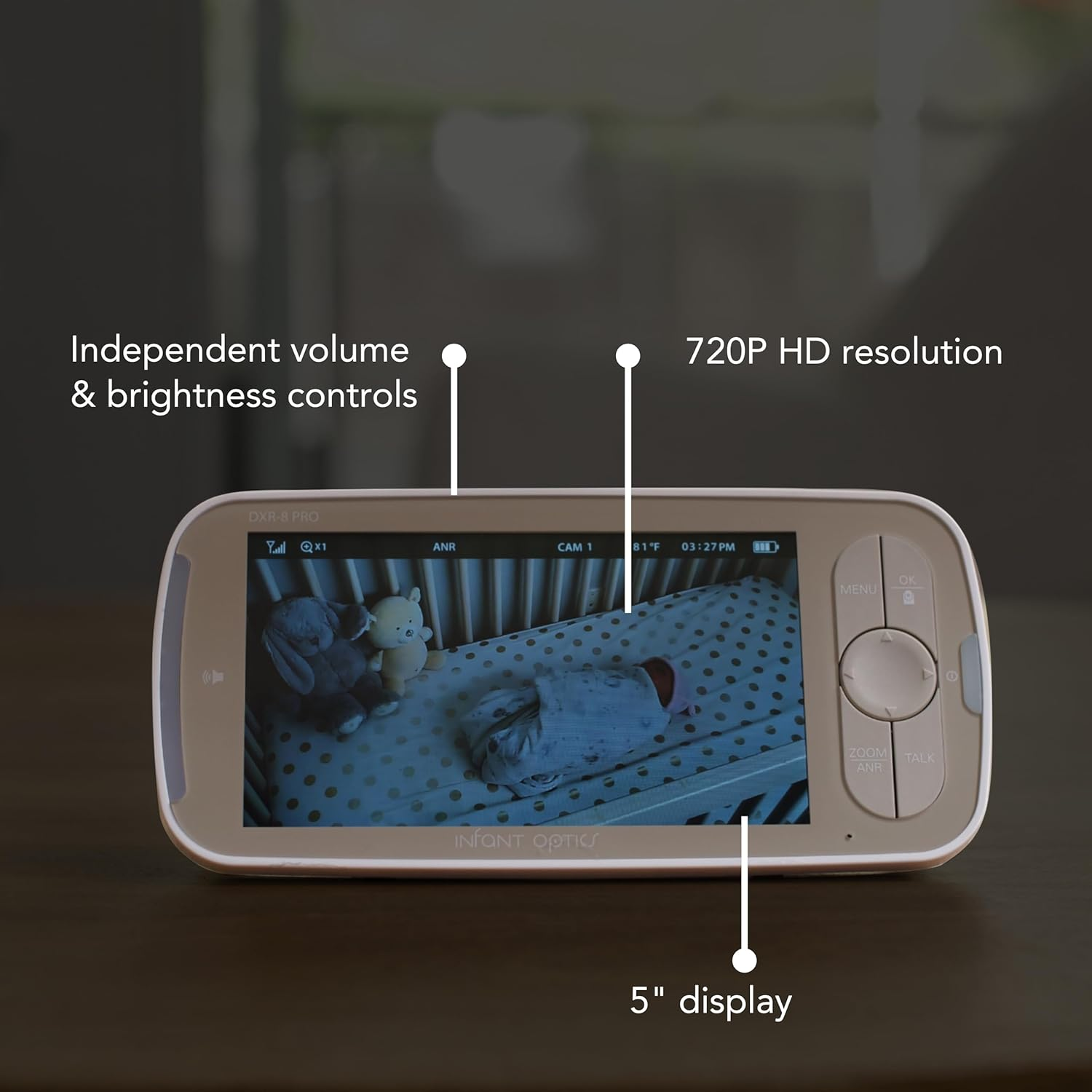 Infant Optics DXR-8 PRO Video Baby Monitor, 720P HD Resolution 5" Display, Patented A.N.R. (Active Noise Reduction), No Wifi, Pan Tilt Zoom, and Interchangeable Lenses