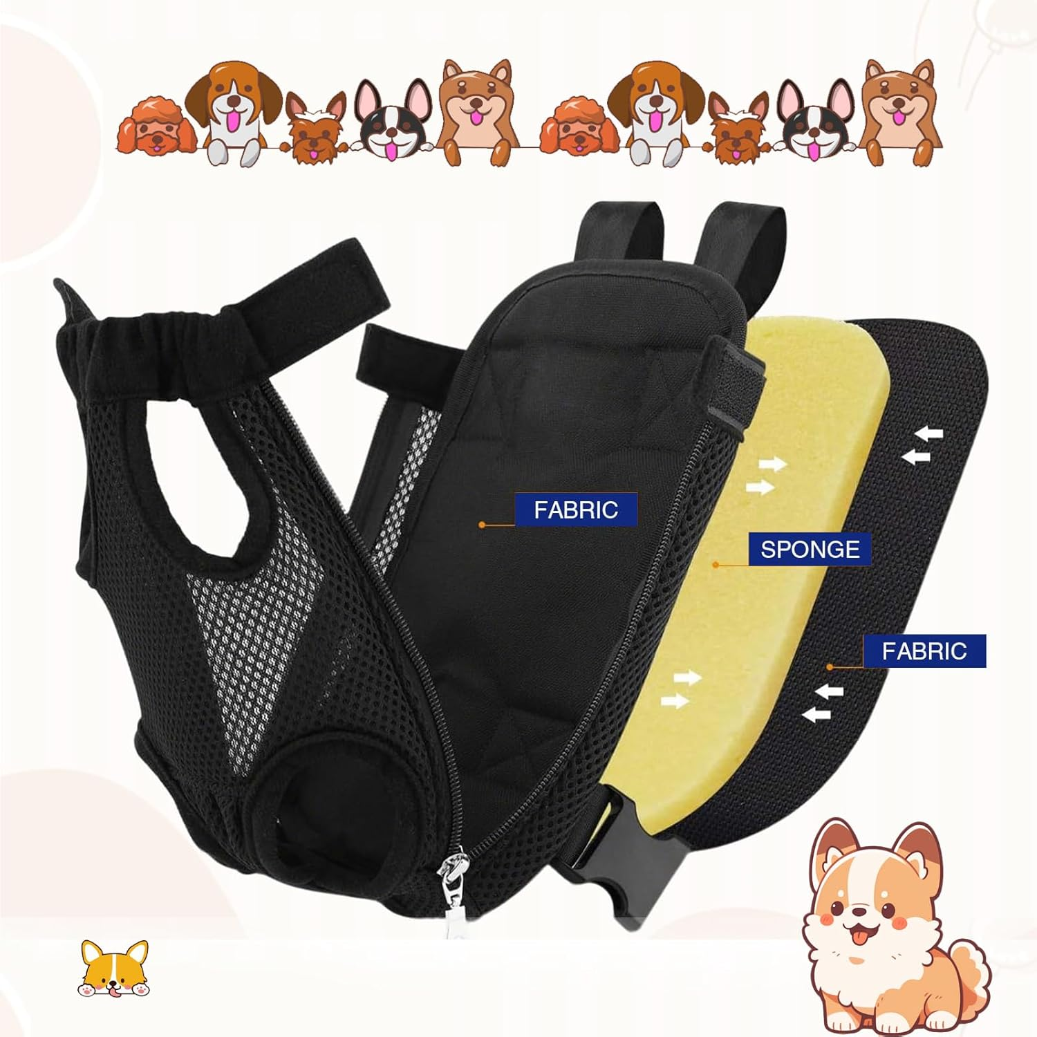 Dog Carrier Backpack, Adjustable Pet Carrier Backpack for Front and Back, Cat Dog Carrier Legs Out Rucksack for Camping Traveling Hiking with Hook and Loop, Breathable Mesh image number 6