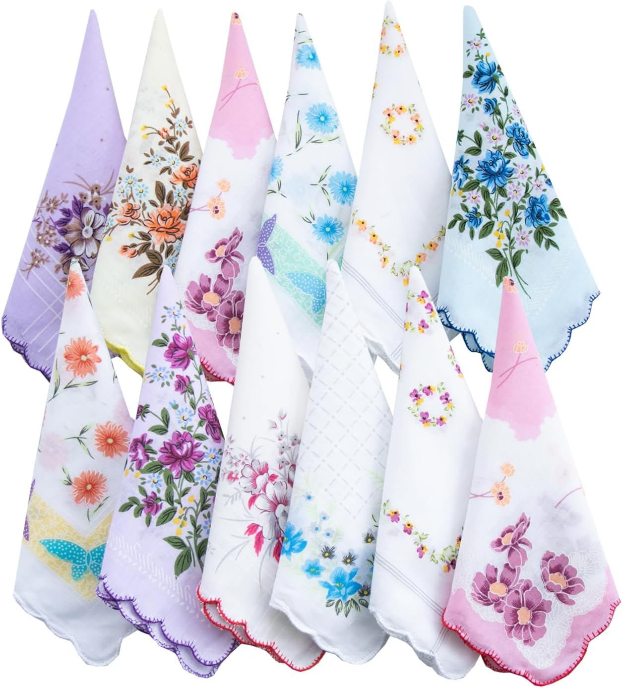 MZLIU Womens Girls Vintage Floral Cotton Handkerchiefs with Scalloped Edge Hankies image number 6