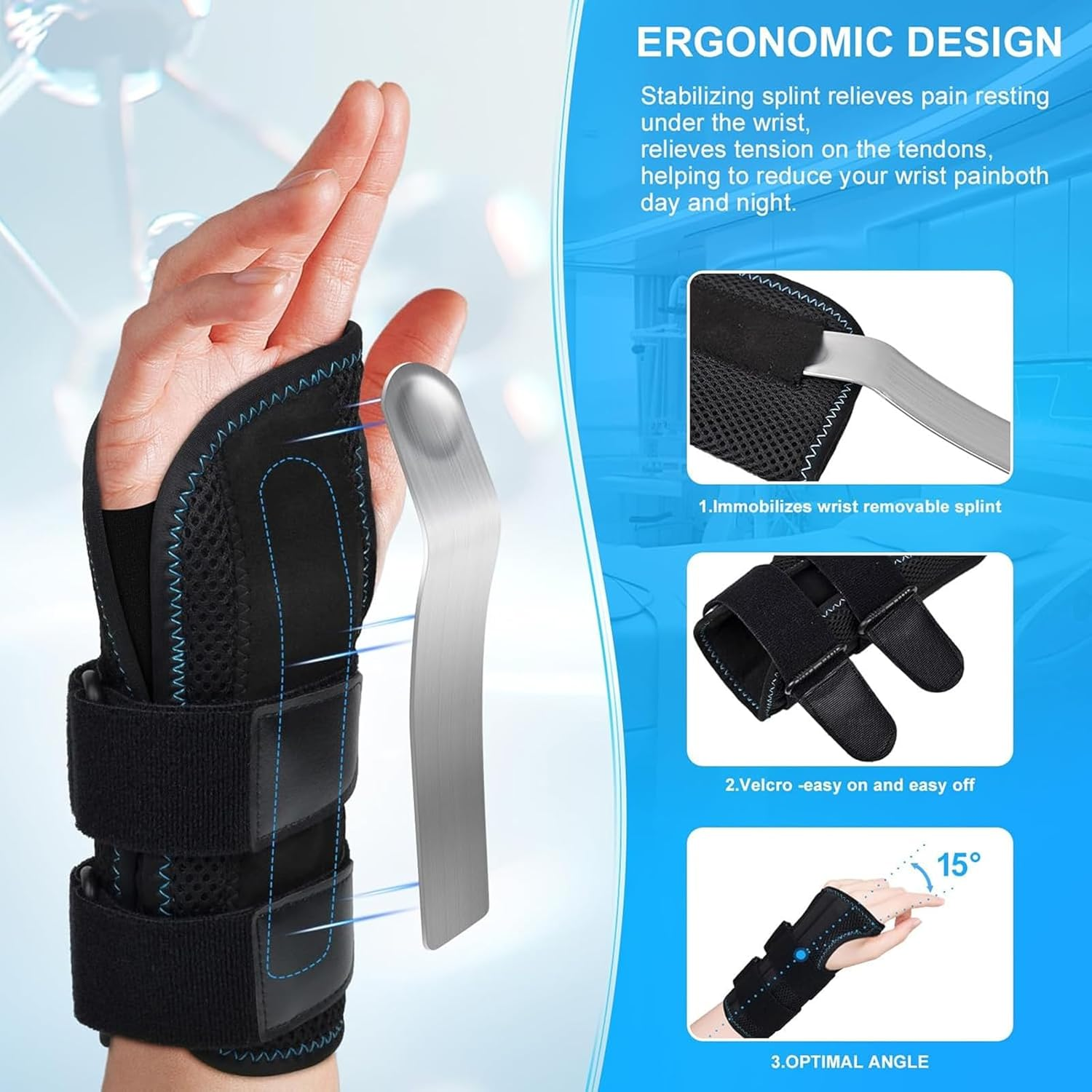 Wrist Brace for Carpal Tunnel, Alleviates Tendonitis Wrist Brace Equipped with 3 Metal Stabilizers, Adjustable Wrist Support Wrap for Arthritis, Sprain, Sleeping, Working (Right, M) image number 4
