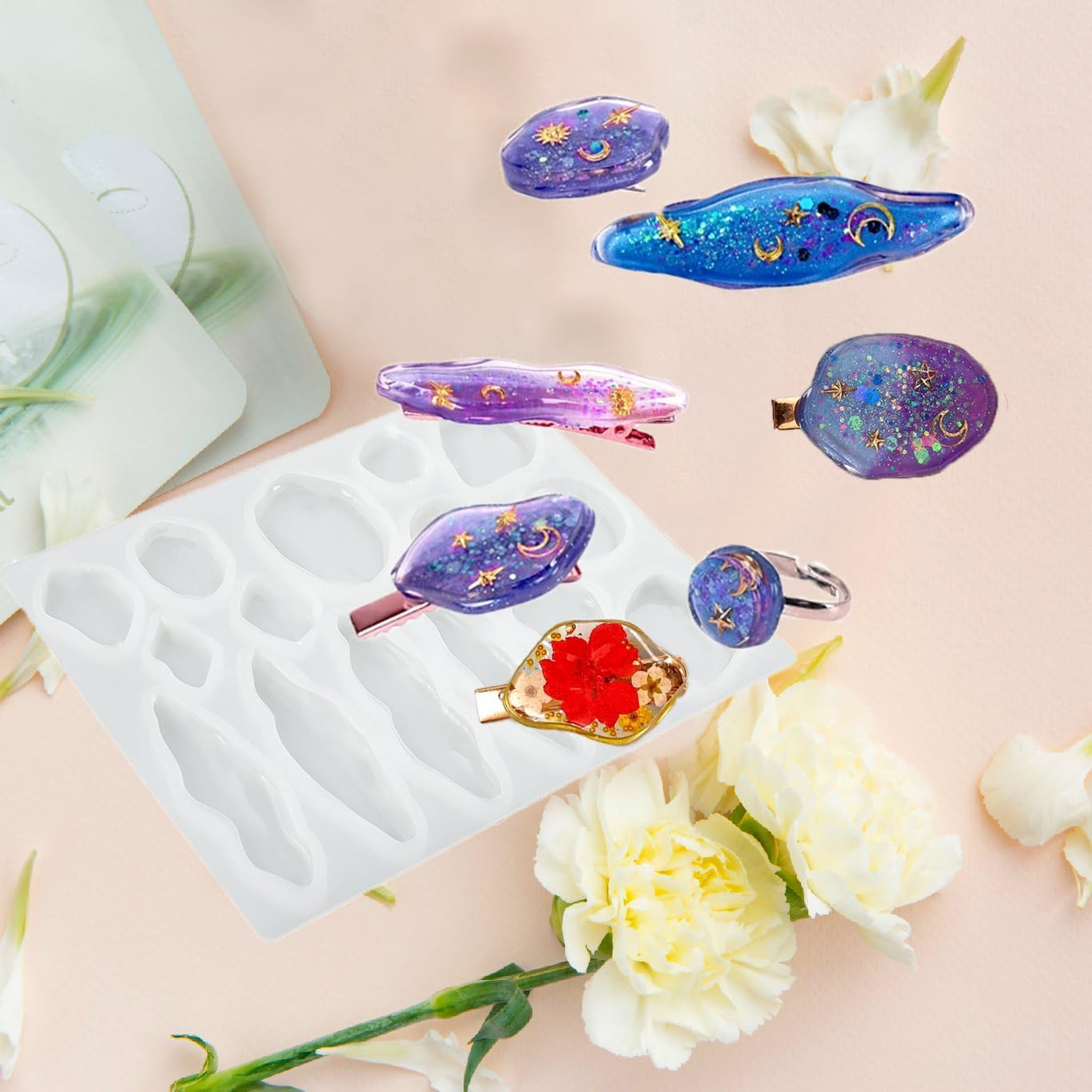 Voyyphixa Hair Clips Silicone Moulds Epoxy Resin Hair Pin Epoxy Resin Moulds with 16 Hair Clips Jewellery Resin Casting Moulds Hair Clips Resin Mould for DIY Key Ring Bookmark (16 Hair Clips) - Hair Clips Mold image number 4