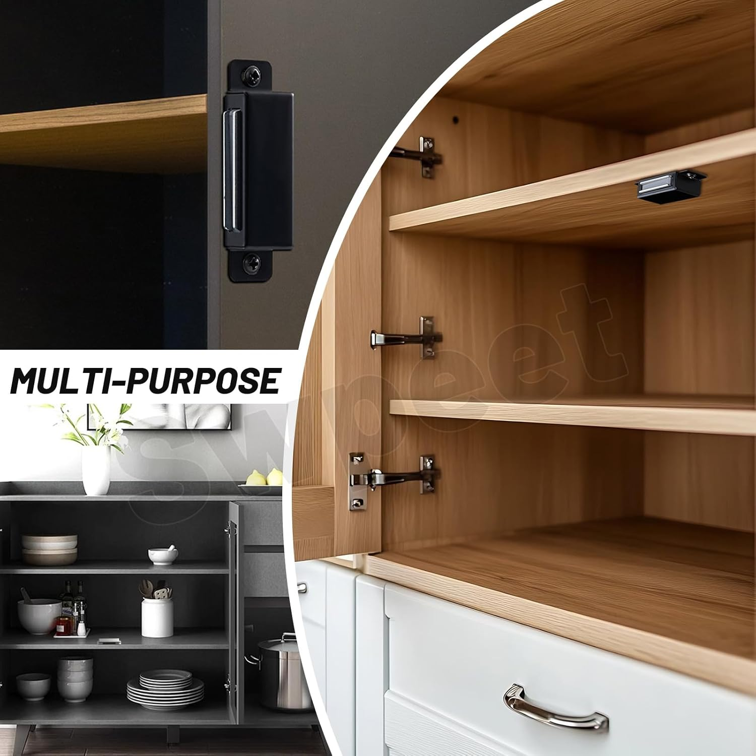 Swpeet 8 Pack 2.16" X 0.8" Black Medium Stainless Steel Cabinet Magnetic Catch with Screws Assortment Kit, Strong Door Magnetic Catches for Door Kitchen Cupboard Closure Closet Door Closer