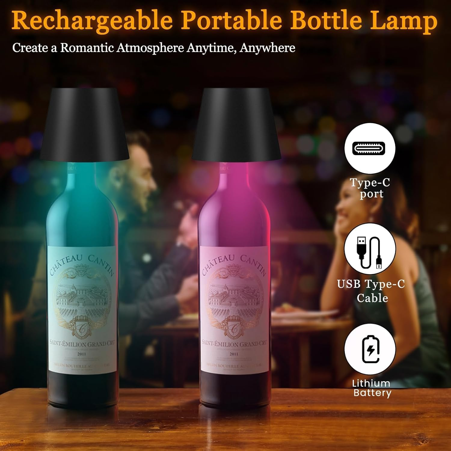 Wireless Bottle Lamp 2000Mah, RGB Mode & 3 Color Stepless Dimming Touch Table Lamp, Rechargeable Atmosphere Lamp for Bars, Cafes, Restaurants, Bedrooms, Outdoor Environments (Black, 1Pcs) image number 2