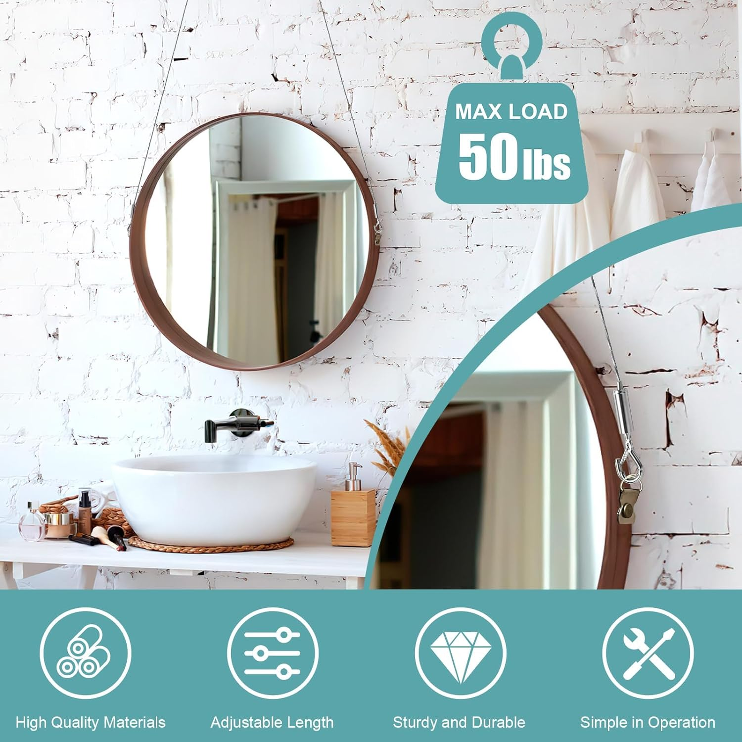 Adjustable Picture Hanging Wire, 2 Pcs Stainless Steel Picture Hanging Wire, Stainless Steel Heavy Duty Hanging Rope for Picture, Mirror Hanging Hardware, Light Lamp, Billboards, Basket