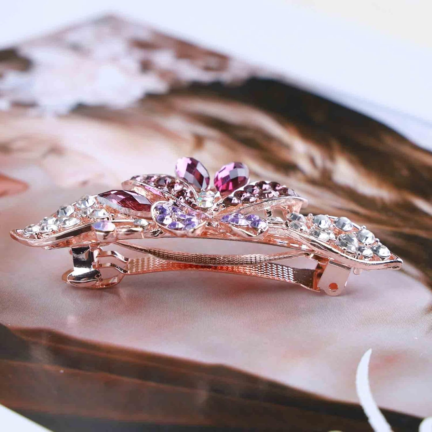 Tseenyi Crystal Flower Butterfly Hair Clip Gold Rhinestone Gemstone Hair Clip Bling Bridal Butterfly French Hair Clip Crystal Wedding Headpiece Women and Girls (With Purple Crystal) - Blue image number 6