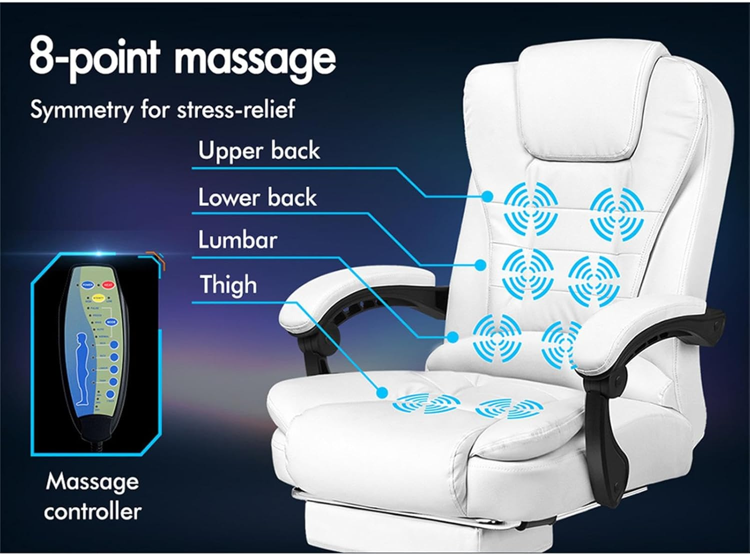 ALFORDSON Ergonomic Office Chair with 150&deg; Recline & Footrest, Computer Desk Chairss with Massage & Heated Seat, Executive Swivel Leather Video Game Chair, Max 180Kg (Dale White) - Fabric Black image number 6