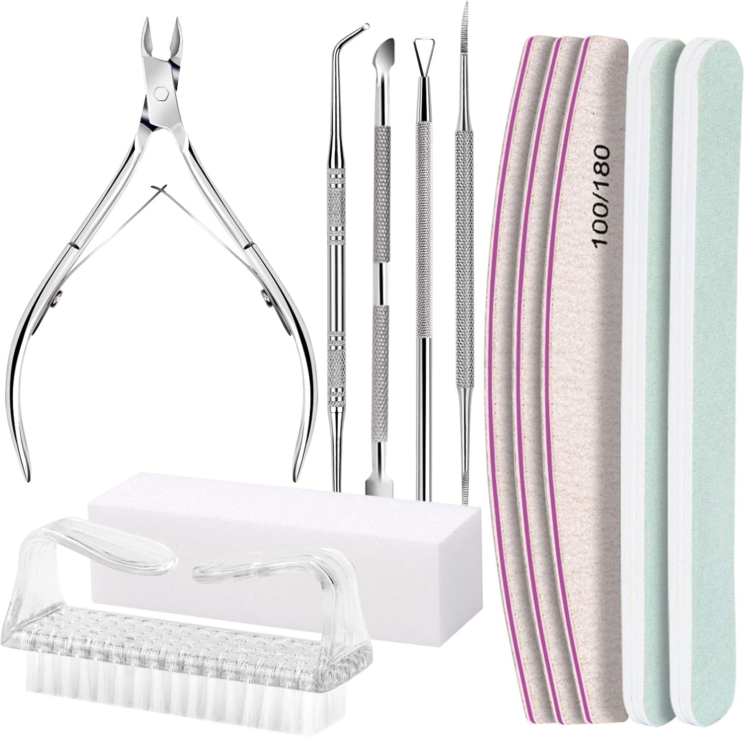FANDAMEI Nail Care Tool Kit, Nail Files 100/180, Buffer Block, Cuticle Nippers, Cuticle Pusher, Cuticle Peeler, Nail Lifter for Ingrown Toenails, Toenail File, Nail Brush, for Manicure and Pedicure