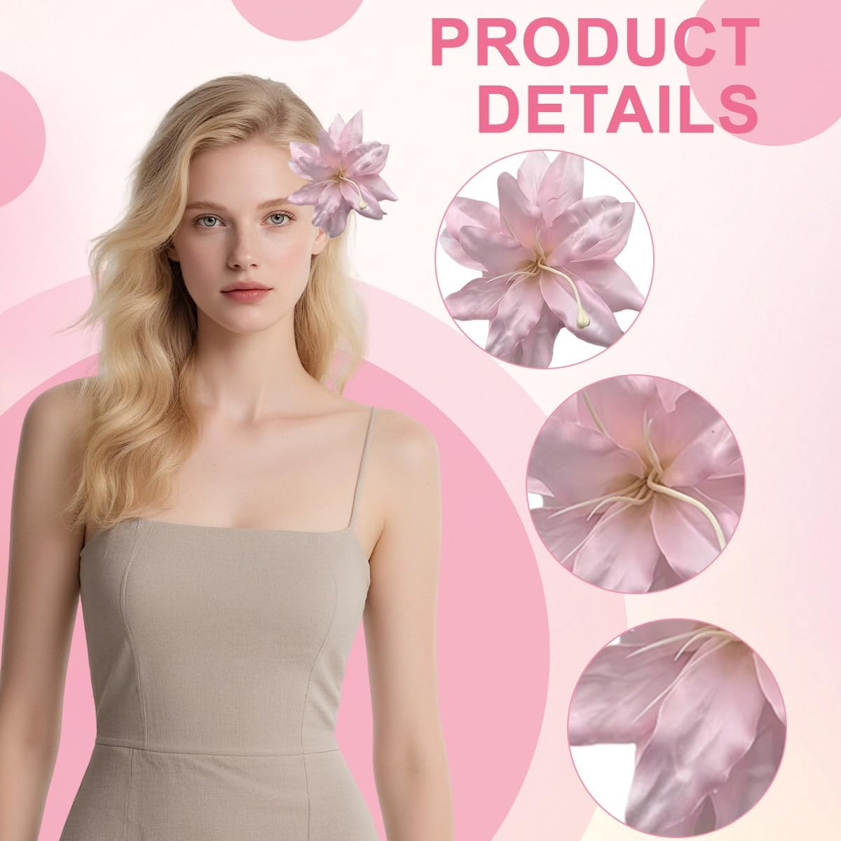 2Pcs Pink Artificial Lily Flower Hair Clips Floral Shaped Barrettes Flowers Hairpins Headdress Headwears Hair Accessories for Wedding Beach Party image number 2