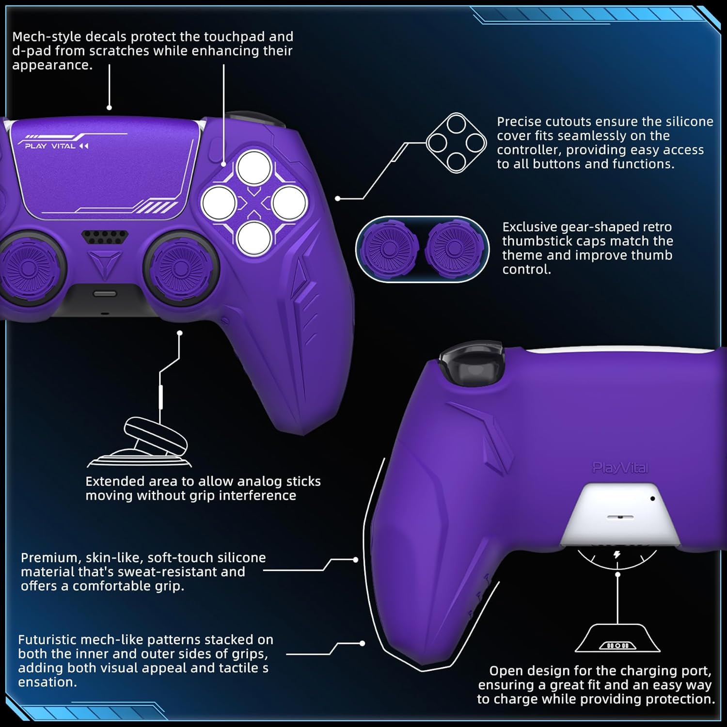 Playvital 2 Set Silicone Case for Ps5 Controller - Anti-Slip|Perfect Fit|Premium Silicone Material|Futuristic Cybermech Design|Compatible with Ps5 Official Charging Dock - Purple