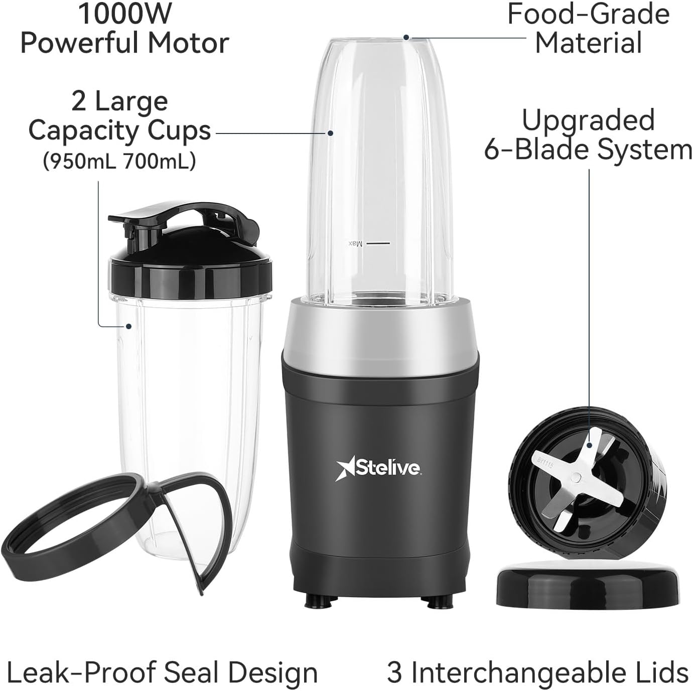 Stelive 1000W Electric Juice Blender Portable Blender Fresh Juice Mixer Smoothie Maker Electric Shakes Juicer Machine with 2 Cups & Portable Cup Lids for Outdoors Travel, Sports, Kitchen (Black) image number 3