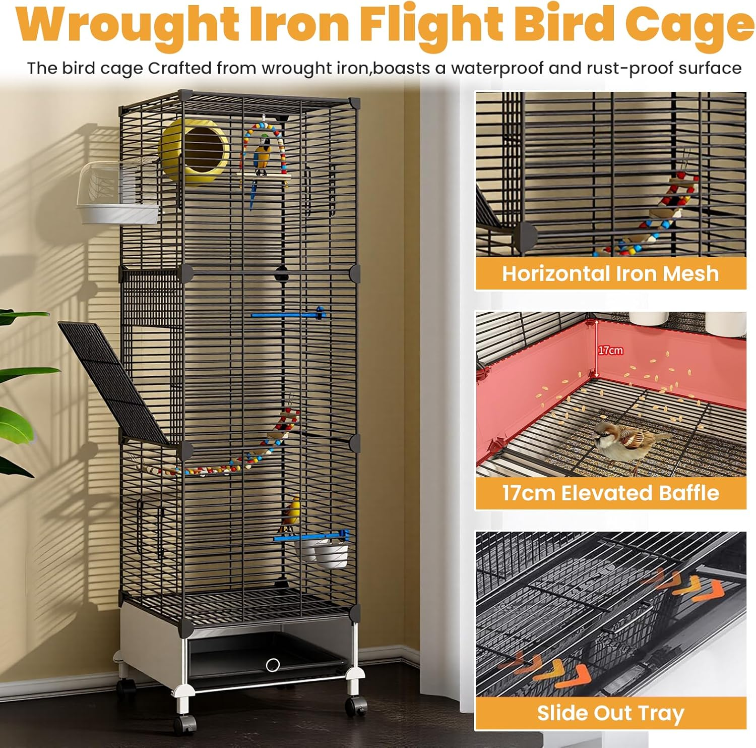 Uandhome Large Bird Cage, Wrought Iron Parrot Cage, Bird Cages with Wheels, Parakeet Flight Cage, Side Nesting Doors, Heavy-Duty Pet Birds House for Birds Aviary, Parakeets, Standing Birdcages(Black) image number 6