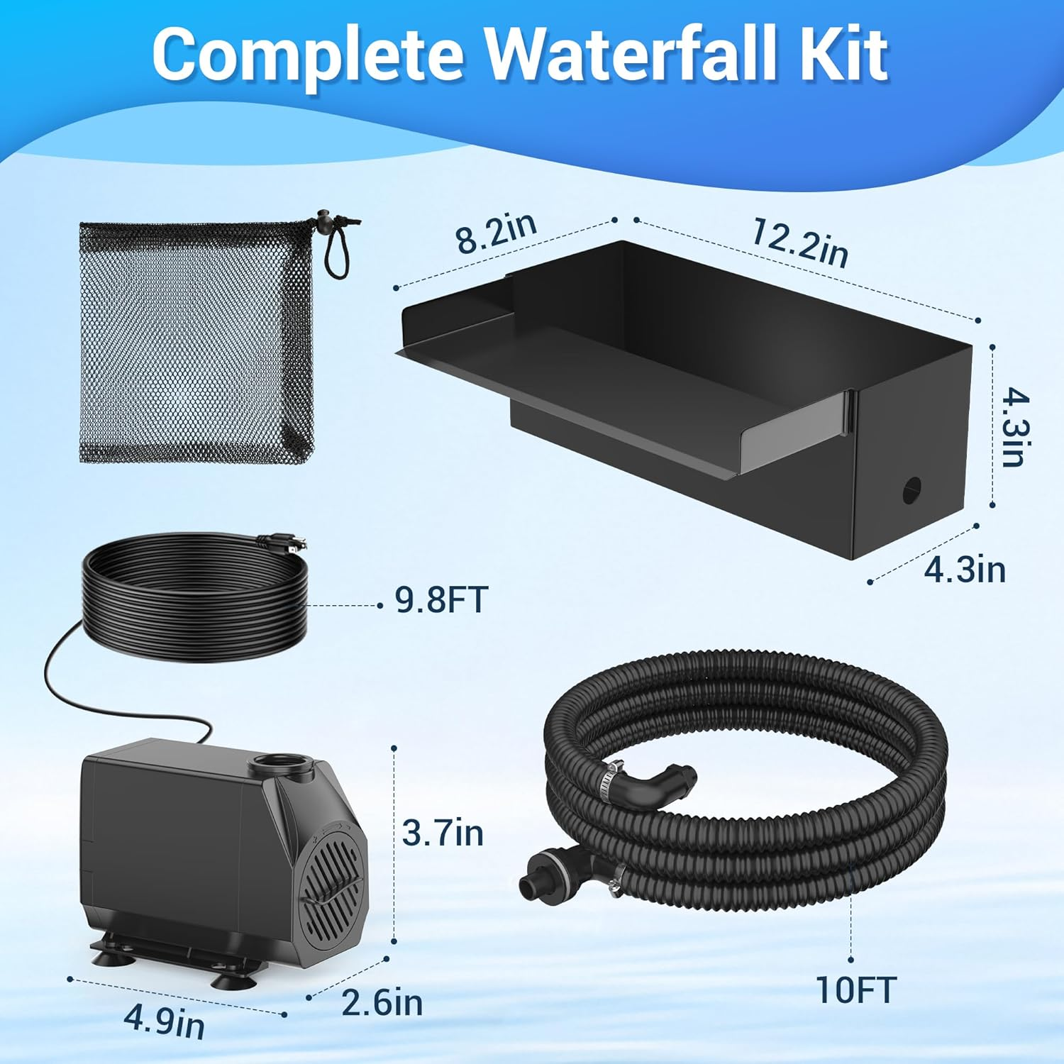 NFESOLAR Pond Waterfall Spillway Kit for Outdoor Pond up to 2000 Gallons, Includes 12.2" W Stainless Steel Pond Waterfall Box, 660GPH Ultra-Quiet Water Pump, 10FT Corrugated Tubing N4311 image number 2