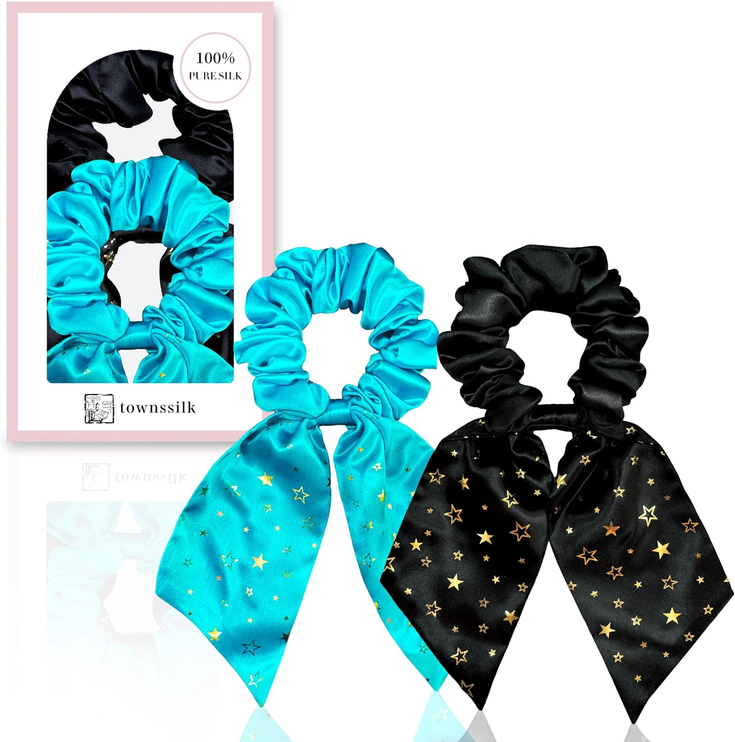 Townssilk Silk Scrunchie Set of 2 with Bow, 100% Mulberry Silk Hair Scrunchie, Voluminous & Gentle, Oeko-Tex Certified - Black + Blue image number 5