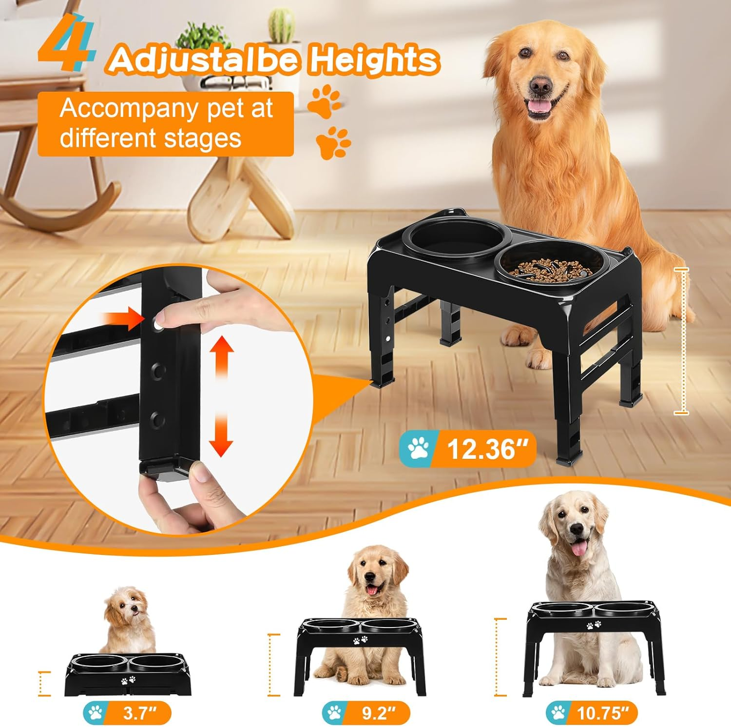 COMESOON 2-In-1 Elevated Dog Bowls Slow Feeder for Large Breed Medium Sized Dogs, 4 Height Adjustable Raised Dog Bowl Stand for Food and Water, Non-Slip Dog Feeder, Black - Grey image number 6