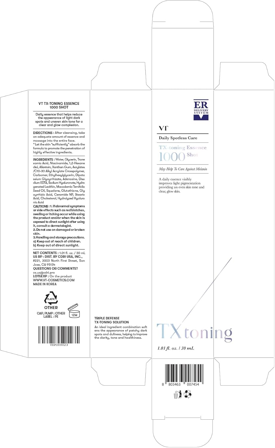 VT COSMETICS TX Toning Essence 1000 Shot, Tranexamic Acid Serum with Niacinamide, Glutathione for Radiant Glass Skin Face, Dark Spots, Sensitive Skin Care, Korean Skincare, Fragrance-Free