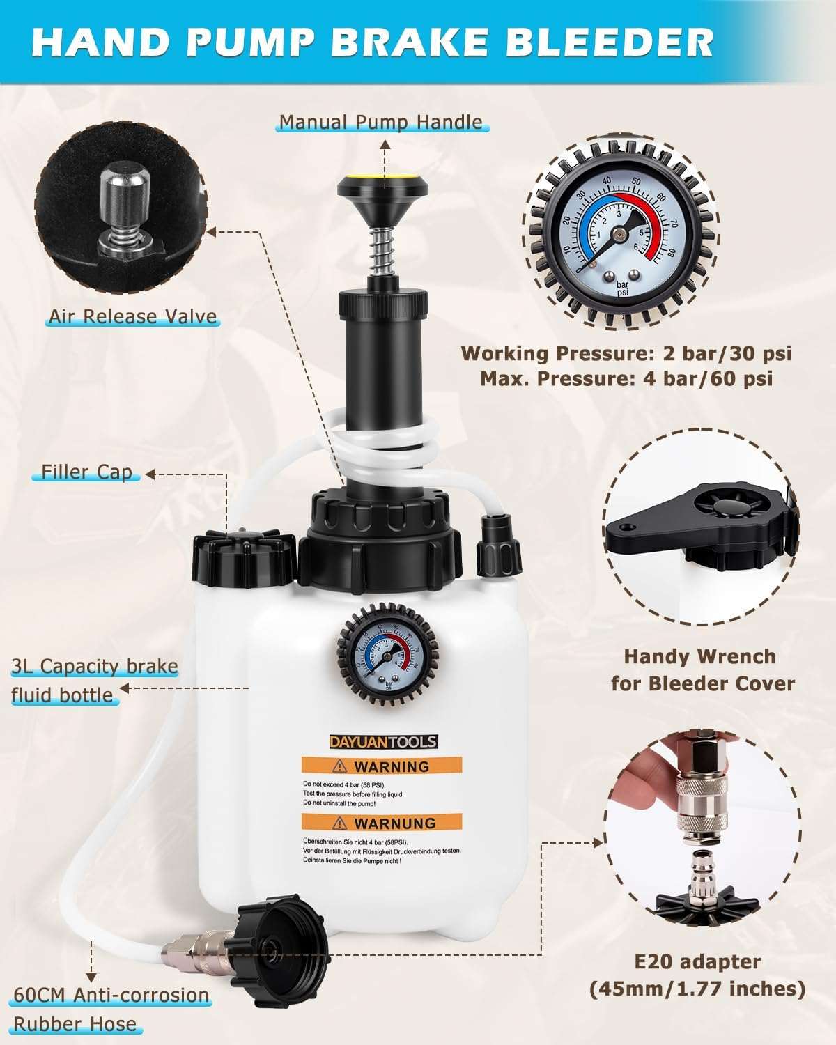 DAYUAN 3L Hand Brake Fluid Bleeder Bleeding One Man Tool Kit image number 4
