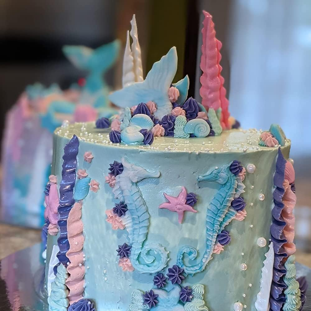 Fondant Silicone Cake Molds Mermaid Theme, Seashell Starfish Seahorse Silicone Mold for under the Sea Cake Decoration (Grey)