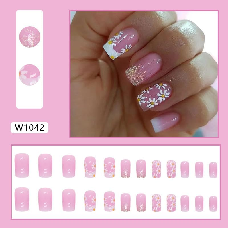 24 Pieces French Press on Nails Short Square Artificial Nails Pink Ombre Glitter Gold Fingernails for Sticking White Flower Glue Nails Set Acrylic Nail Tips Women Spring Summer Nail Accessories