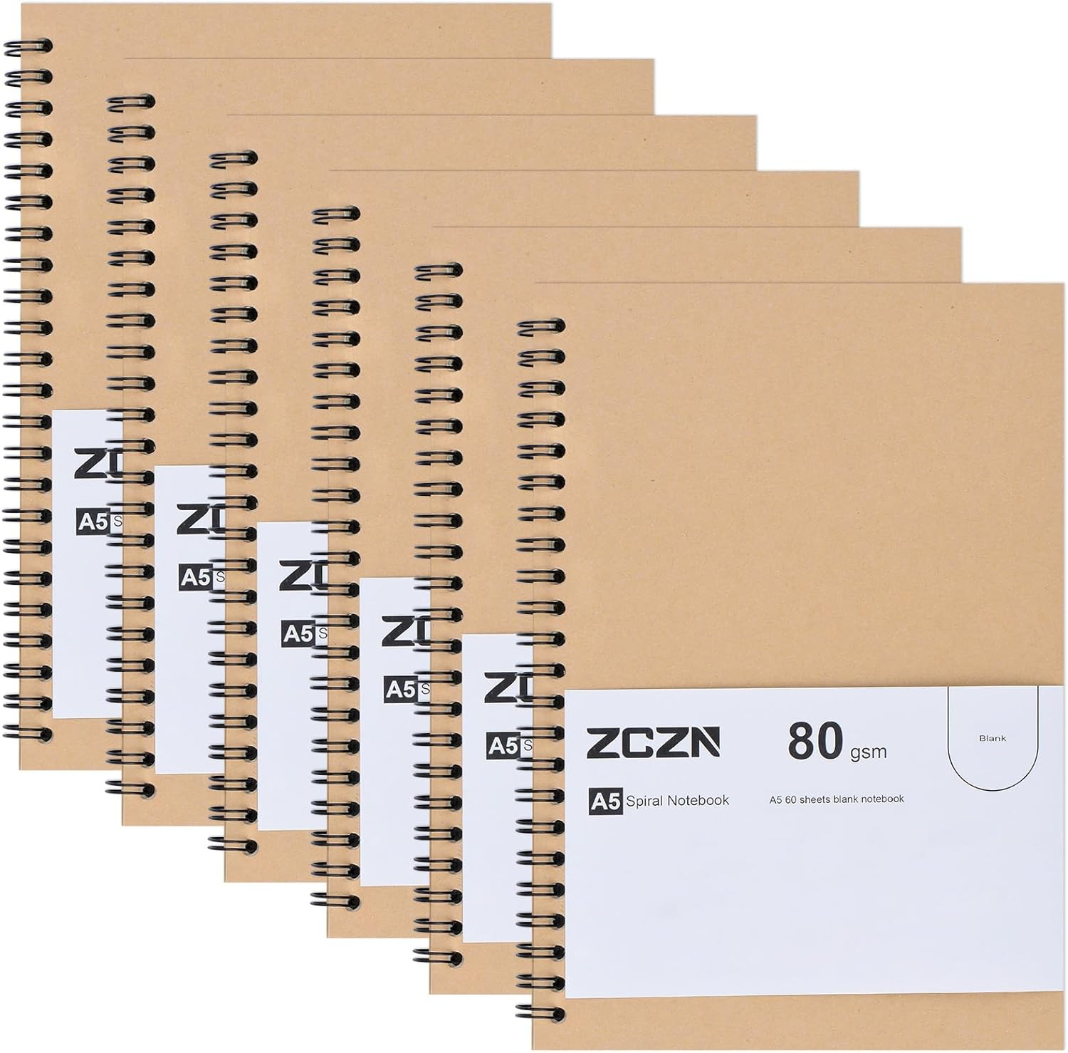 ZCZN 6 Pack A5 Blank Notebook, Spiral Notebook for School, Study, Office, 120 Pages/60 Sheets