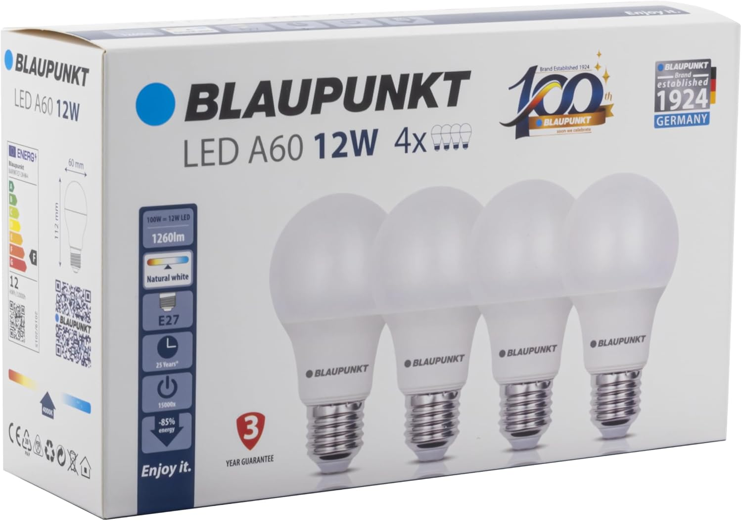 Blaupunkt LED Bulb E27 &ndash; Classic A60 &ndash; Daylight Lighting &ndash; 12W &ndash; Replacement of 86W &ndash; Frosted &ndash; Natural White 4000K &ndash; 1260 Lumens &ndash; Energy and Cost Saving Light &ndash; Class A+ &ndash; Pack of 4 image number 3
