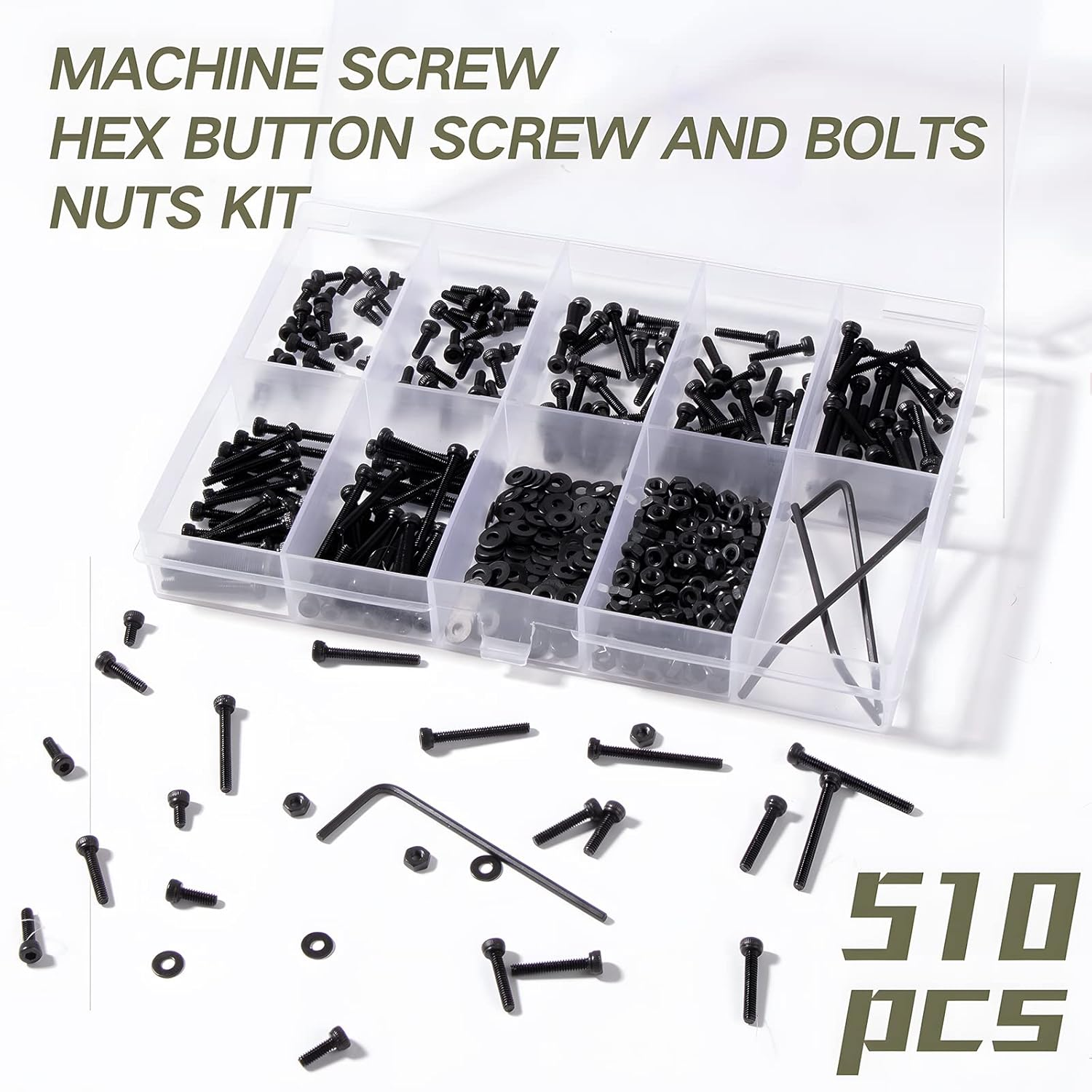Zmbroll 510 Pcs M2 Socket Cap Screws Metric Hex Bolt Nuts Washers 12.9 Grade Alloy Steel Screw Hex Socket Head Cap Small Machine Screws Kits with Wrench Key image number 5