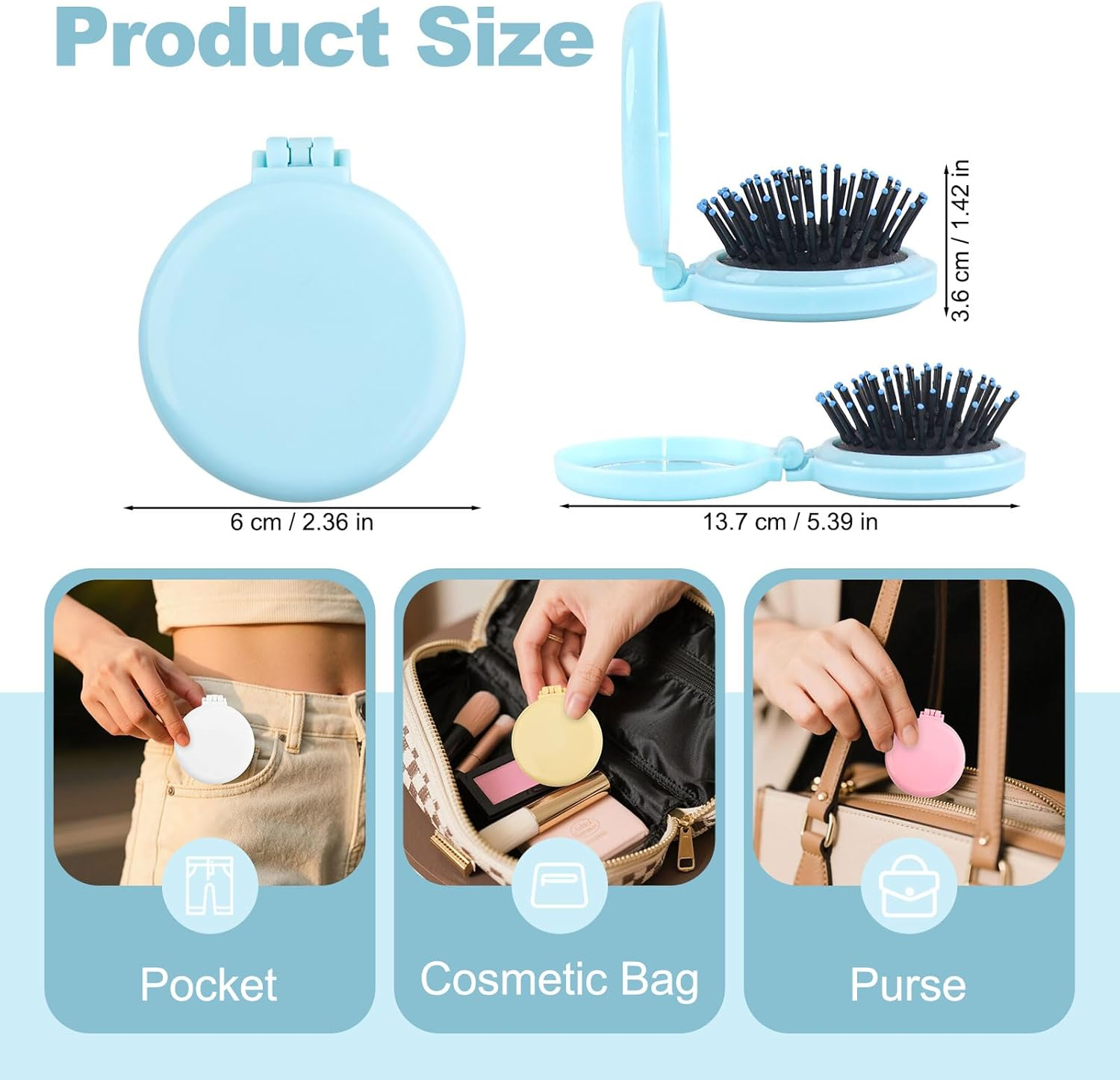 6 Colors Foldable Mirror Hairbrush, 2 in 1 Compact Pocket Mirror Comb in Bulk, with DIY Stickers, Travel Mini Hairbrush Makeup Mirror for Women Girls (6-PACK) image number 3