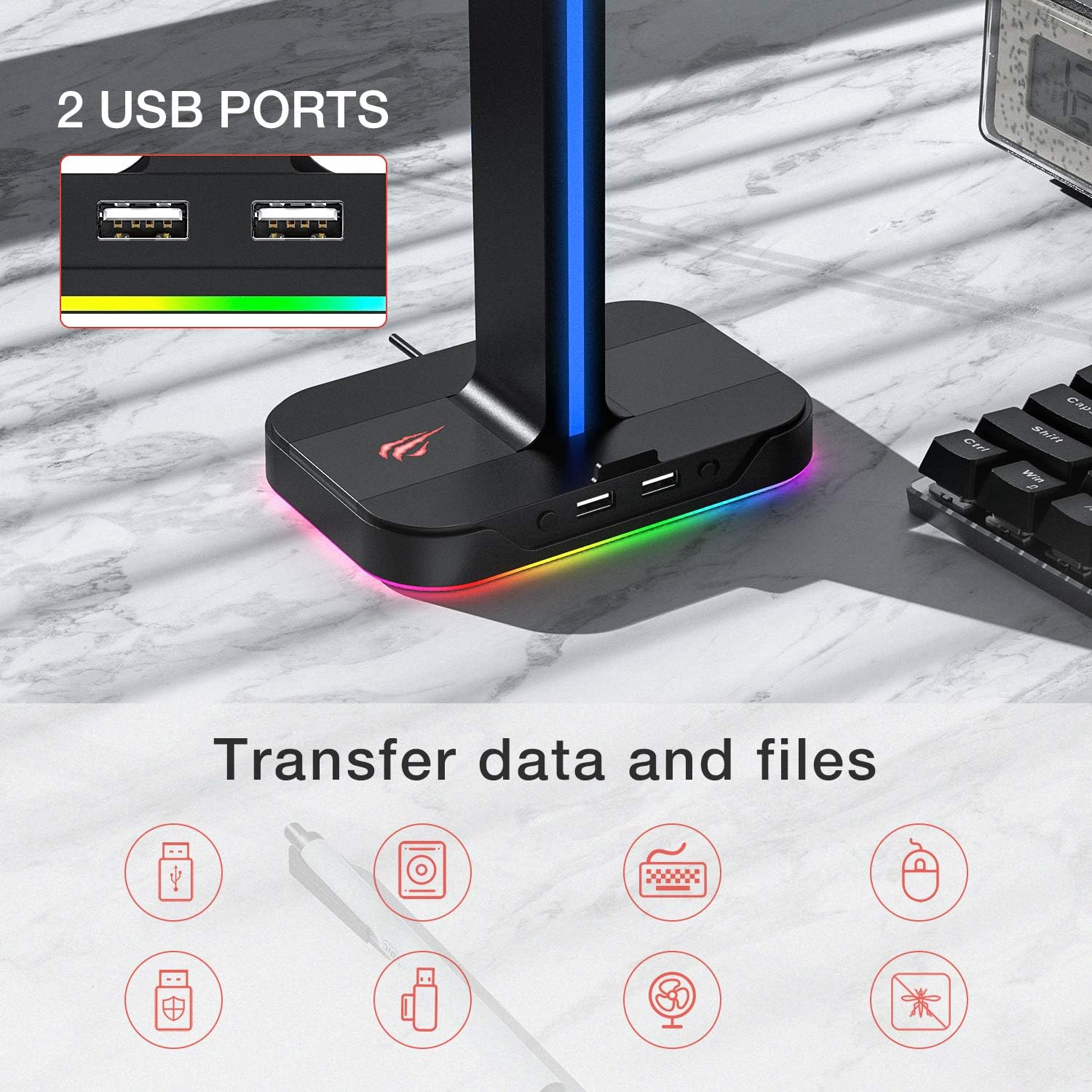 Havit RGB Gaming Headphone Stand Desk Dual Headset Hanger Base with Phone Holder & 2 USB Charger for Desktop PC Game Earphone Accessories image number 4