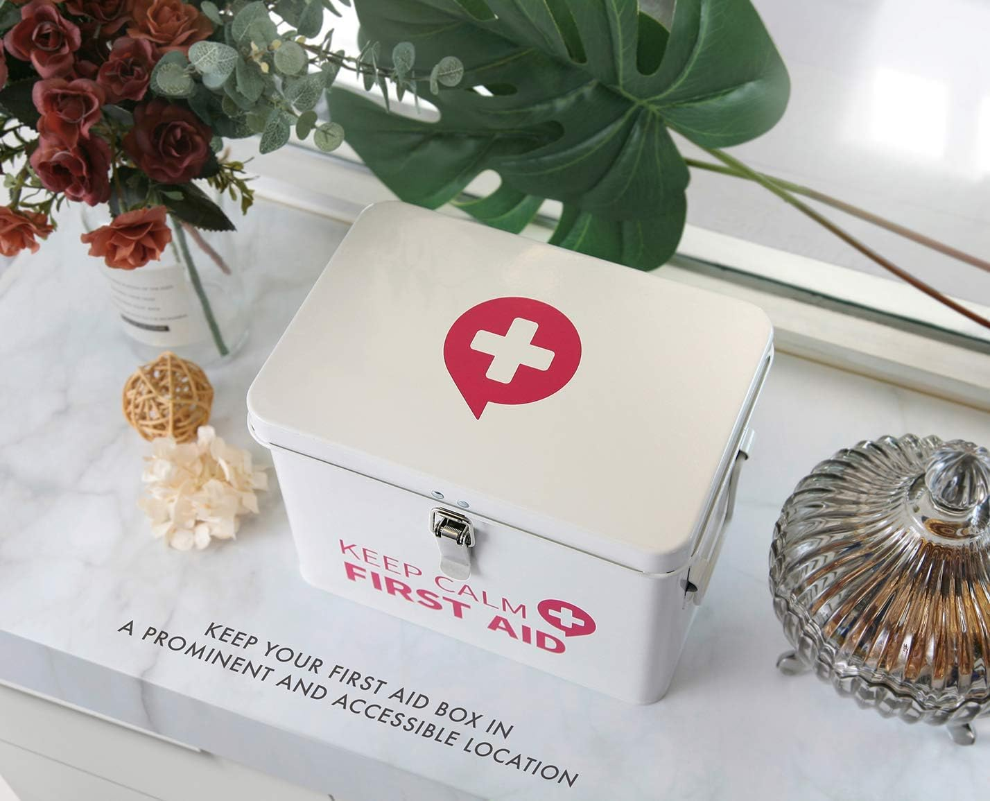 Keep Calm First Aid Medicine Organizer Storage Metal Box with Lid, Latch Closure, Removable Tray and Side Handles, Vintage Empty Box for Home, 9" X 6.3" X 6.5", Milky White image number 3