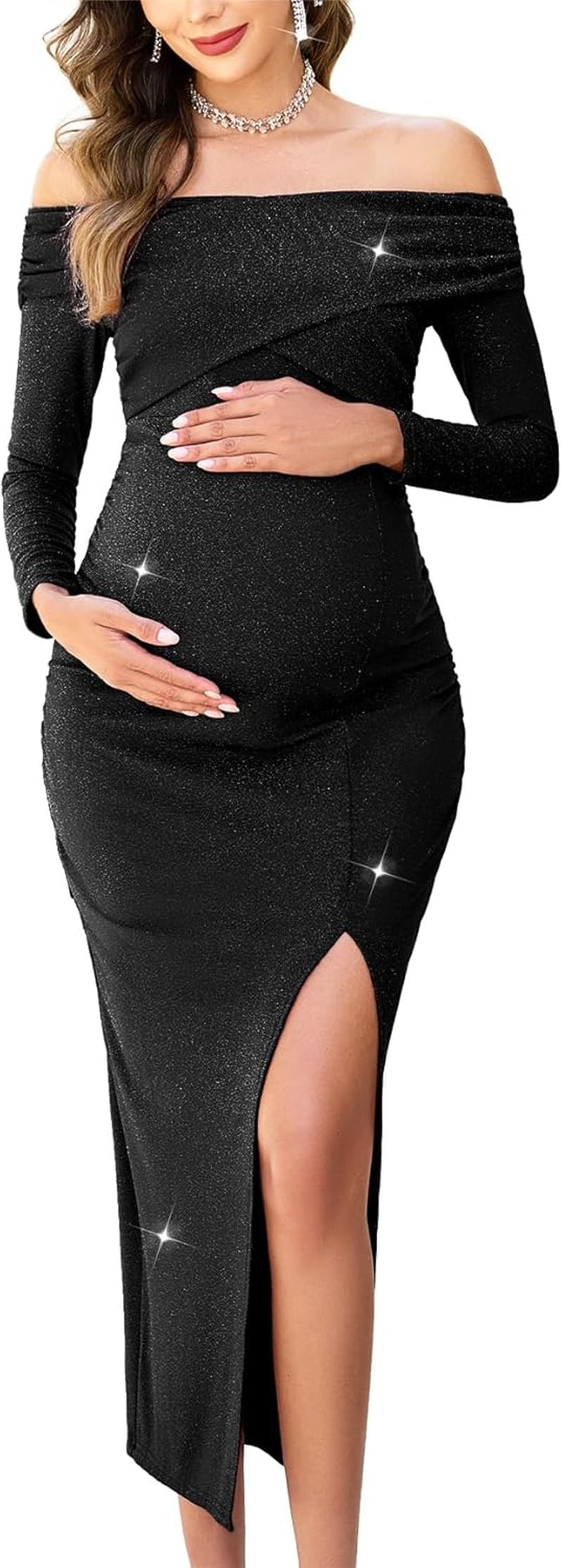 Off Shoulder Maternity Sparkly Split Dress Long Sleeve Fitted Pregnancy Dresses Semi Formal Baby Shower Photoshoot