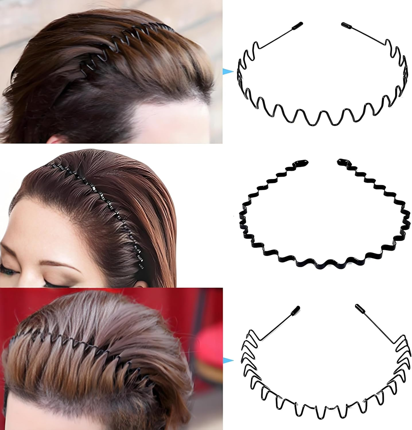 Pack of 3 Metal Hair Bands, Hair Bands Men Women, Wave Metal Headband, Non-Slip Elastic Headband, Hair Band Men, Hair Band Women, for Outdoor Sports Yoga image number 5