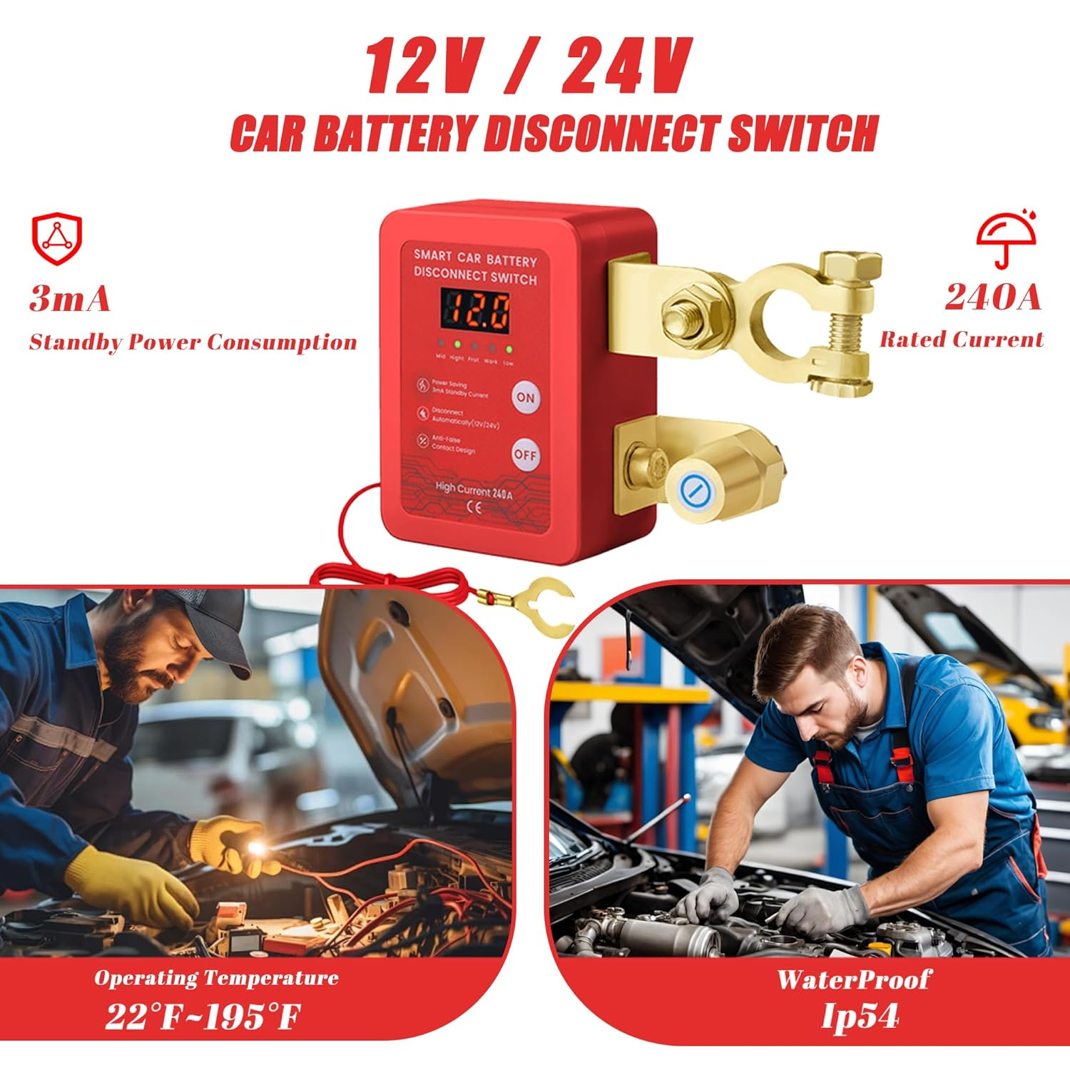 Venxykod 240A Remote Battery Disconnect Switch 24V Anti-Theft Car Battery Switch Automatic Power Shut off Switch with LED Display for Car Truck RV ATV Vehicle Boat image number 6